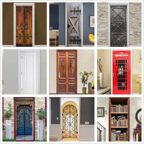 Wood Grain Door Sticker Beautiful Scenery PVC Self Adhesive Stickers Art Mural Deursticker House Stuff for Home And Decoration