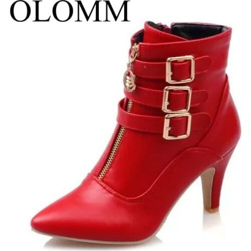 OLOMM 2019 autumn and winter womens boots belt buckle large size boots pointed Roman boots high heel womens boots LL-176