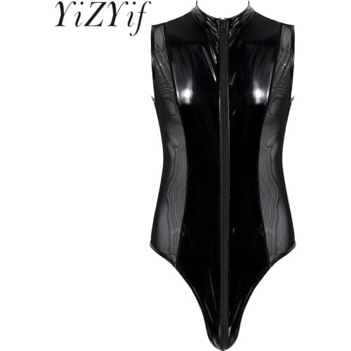 Sexy Mens Shiny Metallic Patent Leather High Cut Thongs Bodysuit Double Zipper Sexy Sheer Mesh Splice Costume Leotard Bodysuit