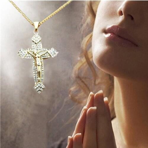 Religious 2 Colors Hip Hop Vintage Jesus Gold Silver Color Link Chain Titanium Steel Rhinestone Inlaid Cross Pendant Necklace