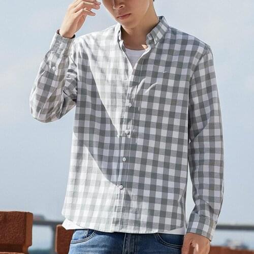 Mens Plaid Shirts Classic Design Slim Regular Cotton Fabric Sanded Twill Youth Campus Wash Shirt SC7119