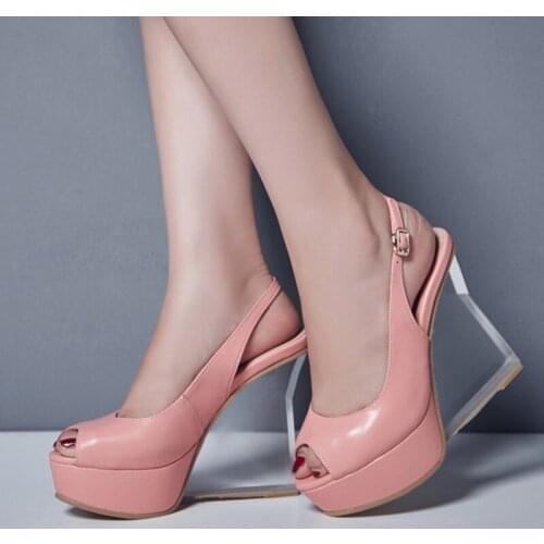 Peep Toe Genuine Leather Shoes Women Sandals Fashion Clear Heel Platform Sandals Women Wedge Shoes Summer High Heels Women Shoes
