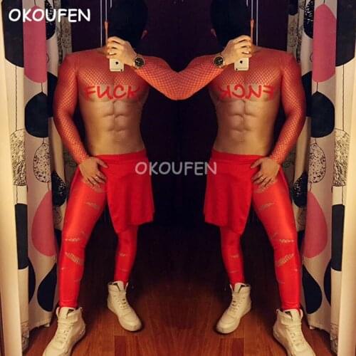 Sexy hole graffiti print Bodysuits costume Bar party nightclub stage performance wear male fake muscle cothing