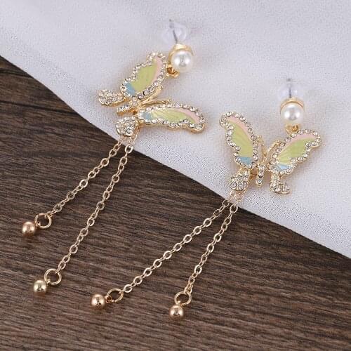 Korean Retro Cute Fashion Crystal Butterfly Imitation Pearl Tassel Earrings Stud Long Drop Dangle Women Popular Jewelry Gift