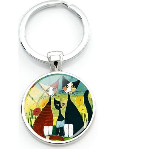 TAFREE Colorful Cats Art Painting Glass Beads Keyholder New Handmade Pets Cat Key Circle Silver-Plated Jewelry For Family