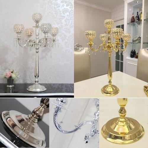 75 cm height 5-arms metal silver Gold candelabras with crystal pendants wedding candle holder Event centerpiece