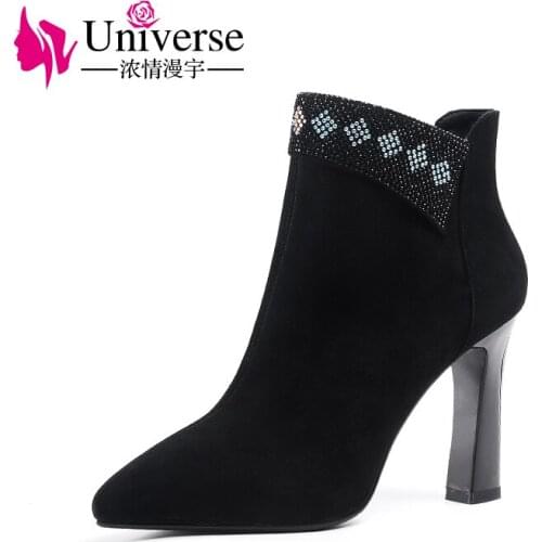 Universe J221 Super High 9.5cm Chunky Heels Fashion Women Shoes With Crystal Decoration Concise Pointed Toe Ankle Boots Lady