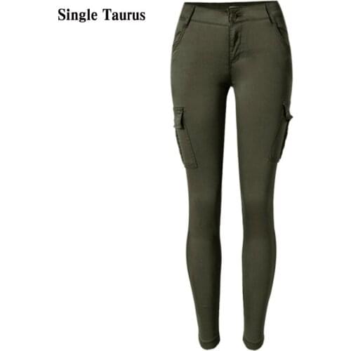 2020 Fall Army Green Female Pockets Trousers Low Waist Safari Style Elastic Slim Skinny Jeans Casual Patchwork Denim Pants Women