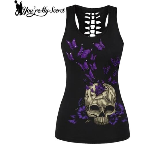 [You're My Secret] Skull Butterfly Print Tank Top For Women Gothic Hollow Out Slim Vest Sexy Summer Tops Sleeveless