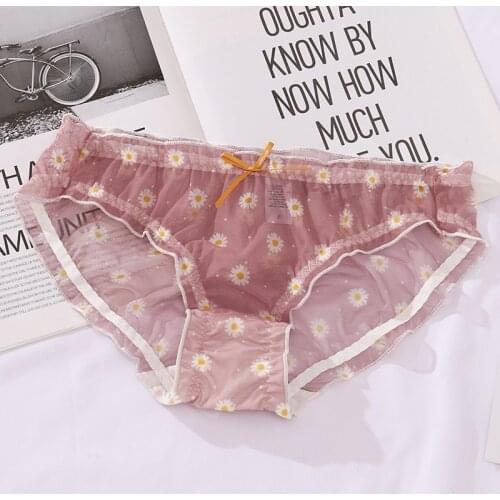 Daisy Print Cute Mesh Womens Underwear Sexy Transparent Hollow Out Panties Sex String Temptation Thong Seamless Briefs