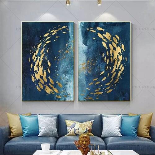 100% Hand Painted Blue Gold Leaf Modern Abstract Oil Painting Handmade Fishes Paintings Home Decor For Living Room As Best Gift