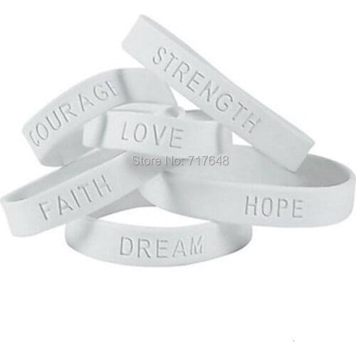 200pcs white love hope dream faith courage strength wristband silicone bracelets free shipping by FEDEX express