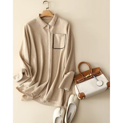 2021 new styles europe fashion 100% cashmere cardigan with pocket women softness chic knitted outerwear female streetwear tops