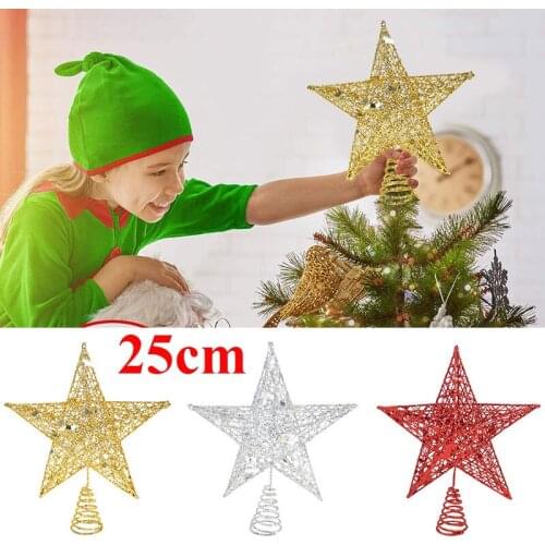 25cm Big Gold Sliver Glitter Christmas Tree Top Star Decorations For Home Exquisite Iron Art Ornament Xmas Party New Year Decor