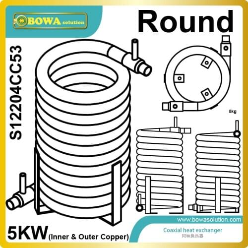 5KW outer and inner copper pipe heat exchanger for water cooled refrigeration plant replace plate heat exchanger