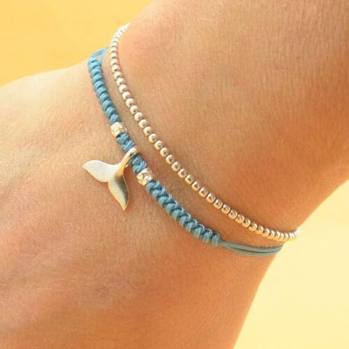 Vintage Silver Color Dolphin Tail Shape Pendant Bracelet Blue Cord Handmade Charm Bracelet Adjustable Jewelry Daily Bracelet
