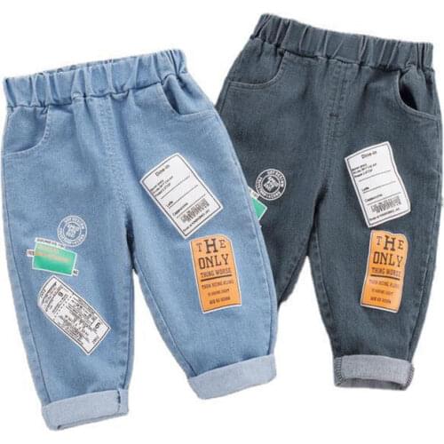 Cartoon Letter Kids Clothes Girls Jeans Elastic Waist Mid Waist Children Boys Pants Spring Autumn Baby Jeans 1-4 Years