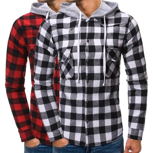 European Size Man Lattice Leisure Even Hat Long Sleeve Shirt Pullover Hooded Shirt Winter Mens Top Blouse