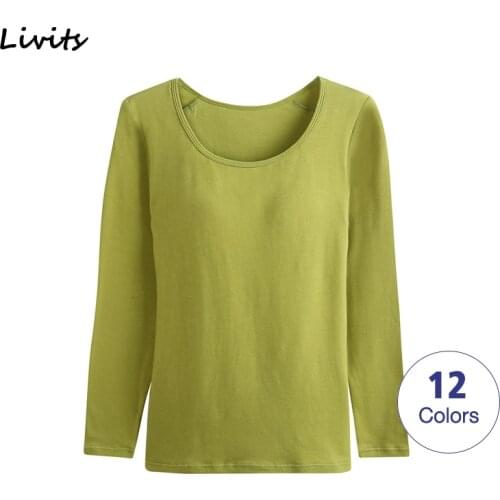 Women T-Shirts Built-in Bra Padded Stretchable Cotton Tops Tshirts Long Sleeve Sexy Casual Korean Spring Autumn SA1014