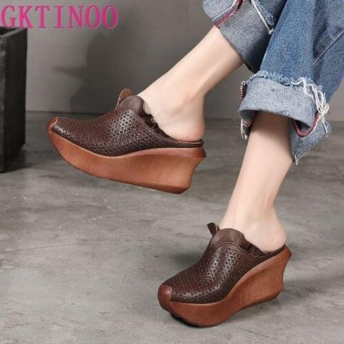 GKTINOO Women Leather Mules 9 CM High Heels Wedge Slippers Women Handmade Platform Genuine Leather Slippers Coffee Shoes 2020