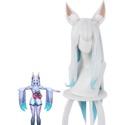 Game LOL Ahri Spirit Blossom Cosplay Wig Halloween Party Long Mixed Color Heat Resistant Synthetic Hair+Ear+Free Wig Cap C72K203