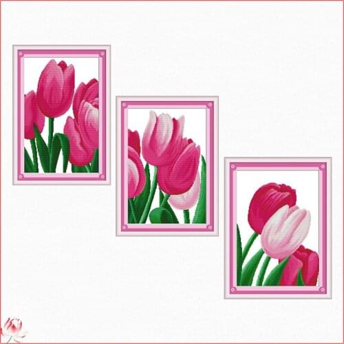 Joy Sunday Pink Tulip Cross Stitch Kits Printed Canvas Flowers Embroidery Sets 11CT 14CT DIY Needlework Crafts Wall Paintings