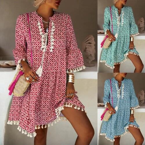 2021 spring and autumn new products womens floral three-quarter sleeves tasseled V-neck loose dress
