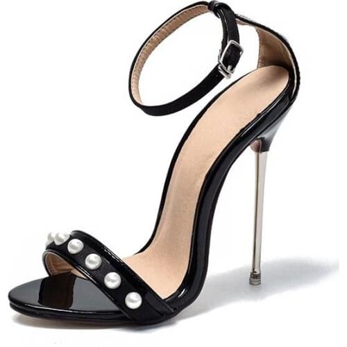 New Designer Pearl Decoration High Heeled Women Sandals Cut-out Ankle Wrap Metal Heels Shoes Sexy Gladiator Sandals Summer Shoes