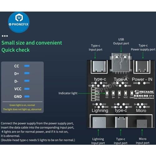 MECHANIC DT3 On-Off Data Cable Detection Board For Cell Phone Type C Light Lighting Short Circuit Diagnosis Checking Test Tool
