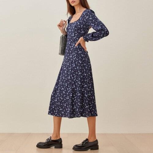 Dresses For Women 2021 Midi Dress Elegant Vintage Floral Dress Back Waist Tie Scoop Neck Long Sleeve Dress Spring Autumn Clothes