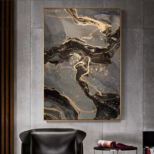 Luxury Abstract Fluid Poster Black Gray Gold Marble Wall Art Canvas Prints Painting Modern Art Mural Living Room Home Decor