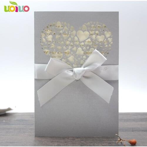 DIY customzied inc177 europe Wedding invitations Card,silver heart invitation card tie gray bow,print insert,envelope