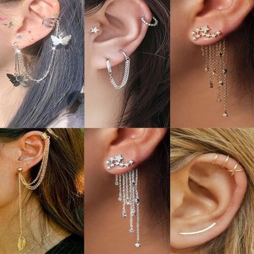 Punk Personality Metal Ear Clip Leaf Moon Star Tassel Piercing Earrings for Women Gift Pendientes Ear Cuff Earring Jewelry Gift