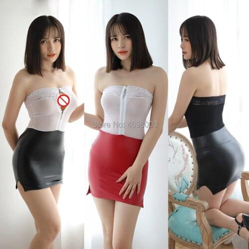 Sexy Lace Two Way Zipper Open Strapless Micro Mini Ice Silk See Through Faux Leather Patchwork Sexy Bodycon Dress Sleeveless