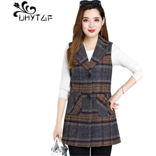 UHYTGF Fashion Plaid Spring Autumn Vests For Women Mid-Length Sleeveless Casual Female Jacket Loose 5XL Plus Size Waistcoat 1469