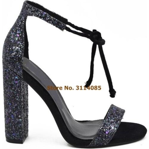 Women Sexy Chunky Heels Single Strap Sandals Lace-up Sequined Dress Shoes Wine Red Pink Velvet Banquet Shoes Gladiator Pumps