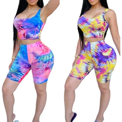 Dye Tie Print Women Sport Suit Sleeveless Strap High Short High Waist Biker Shorts Pants Workout Clothes Outerwear Outfit 2020