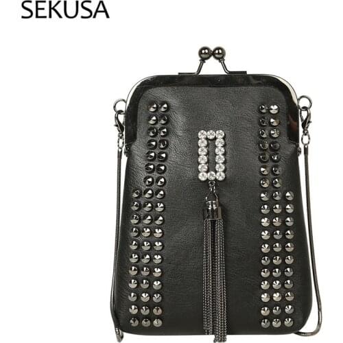 Bucket Women Design New Evening Bags Black Color PU Fashion Tassel Diamonds Rivet Chain Shoulder Day Clutch