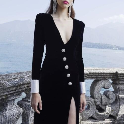 Free Shipping 2021 Autumn New Arrival Dresses For Women Party Sexy V-neck Long Sleeve High Waist Velvet Maxi Dress Prom Gown