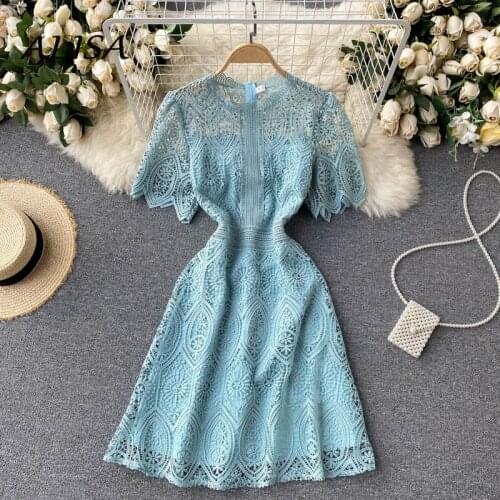 Women Elegant Lace Dress New 2021 Summer Hollow Out Slim A Line Vintage Office Dresses Ladies Short Sleeve Short Robe Vestidos