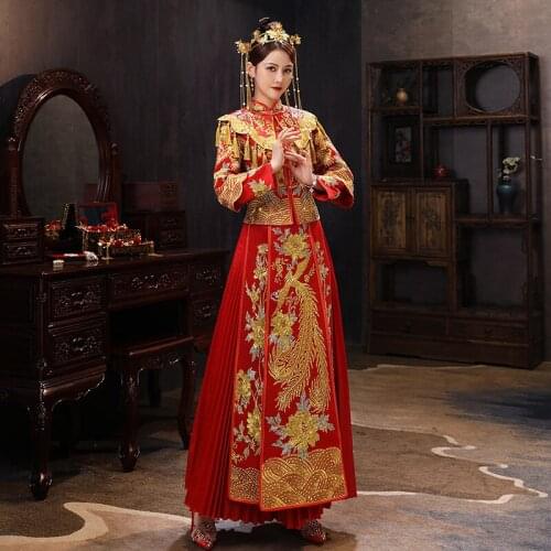 Golden Red Embroidery Soft Satin Wedding Dress Banquet High-quaity Classic Cheongsam China Qipao костюм для восточных