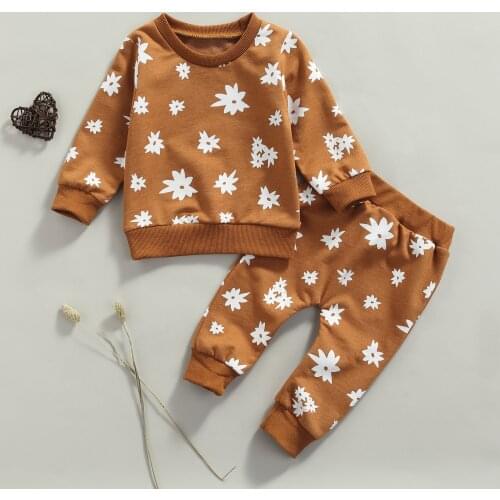 2Pcs Newborn Baby Girls Boys Flower Print Outfits Infant Kids Long Sleeve Round Neck Pullover+Trousers Casual Autumn Clothing