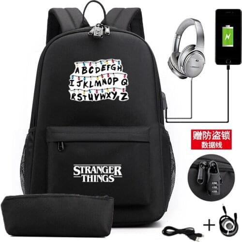 2PCS Stranger Things USB Charging Women Backpack Waterproof Travel Solid Mochila Women Men Large Capacity Schoolbag Female
