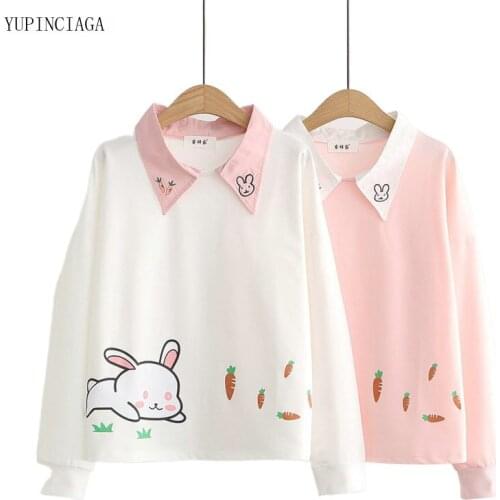 2021 Summer Women Sweet Cotton Print Turndown Collar Long Sleeve Thin Harajuku Sweatshirt Female Casual Loose Tops 0560