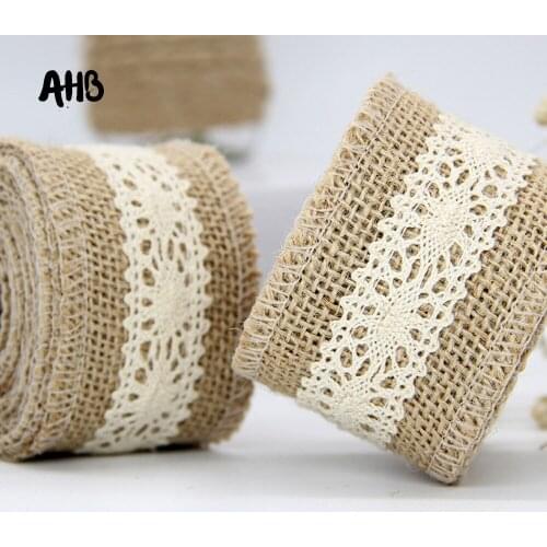 5cm 2m/roll Natural Jute Burlap Hessian Ribbon with Cotton Lace DIY Trim Fabric For Sewing Wedding Party Decoration Accessories