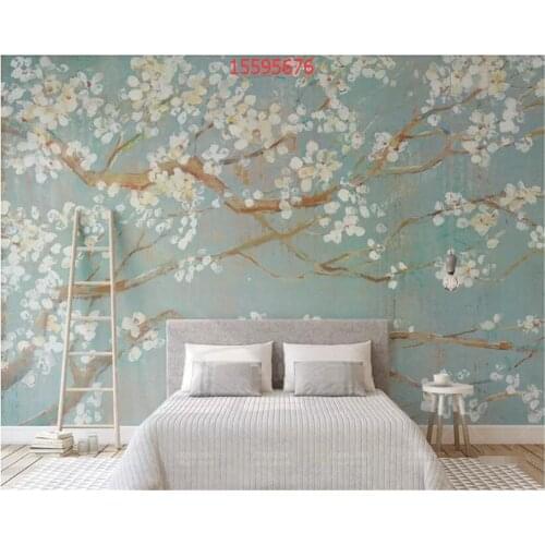 Beibehang Custom size simple small fresh hand-painted oil painting cherry Nordic style TV sofa background wall wallpaper