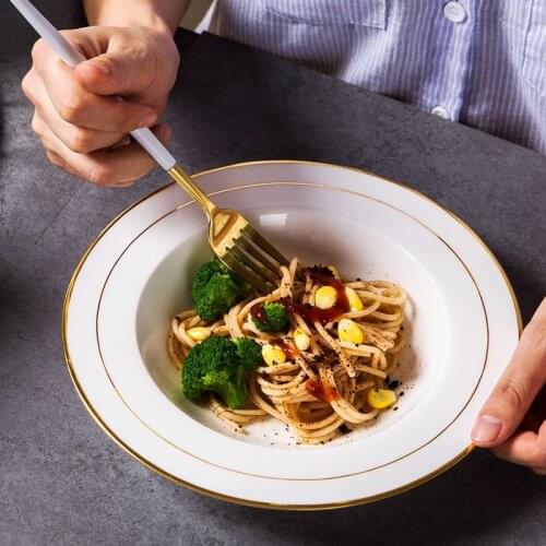 Nordic Style Gold Side White Plate Bone China Ceramic Dish Plates 9 inch Food Steak Salad Plate Dinnerware Home Dishes