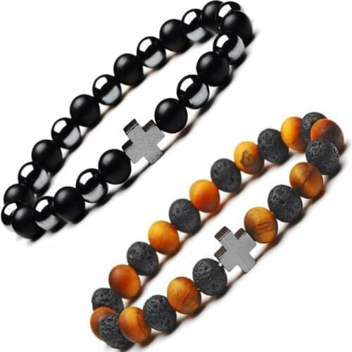 Charm Cross Natural Stone Bracelets 8mm Tiger eye Lava beads chain Handmaking Yoga jewelry for men women Prayer Fitness bangle