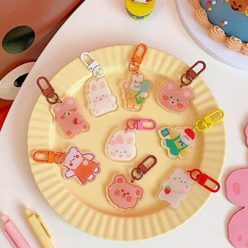 Korean Rabbit Puppy Bear Keychains Metal Earphone Case Pendant Girls Student Backpack Trinkets Cartoon Fashion Animal Jewelry