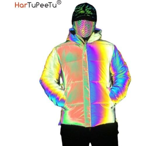 European American Colorful Men Women Reflective Cotton Padded Jacket Night Flash Luminous Pink Coat Plus Size Clothes Dropship